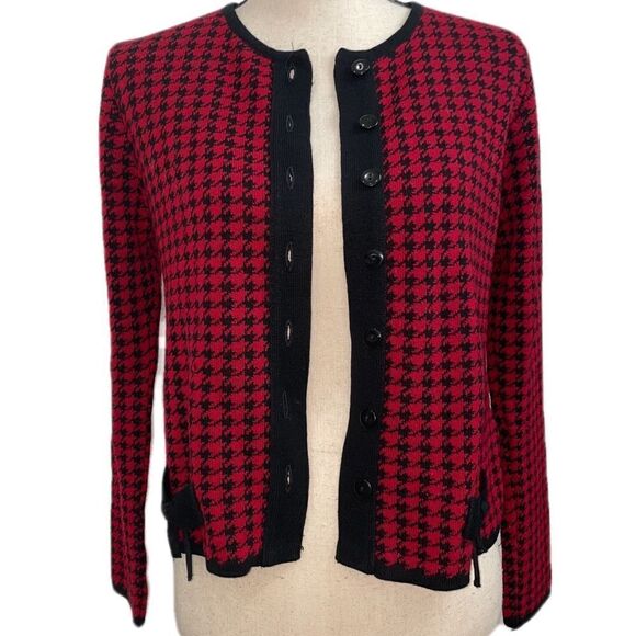 VINTAGE Dorby Woolen Houndstooth Black and Red Cardigan Sweater LIKE NEW! - Picture 5 of 6